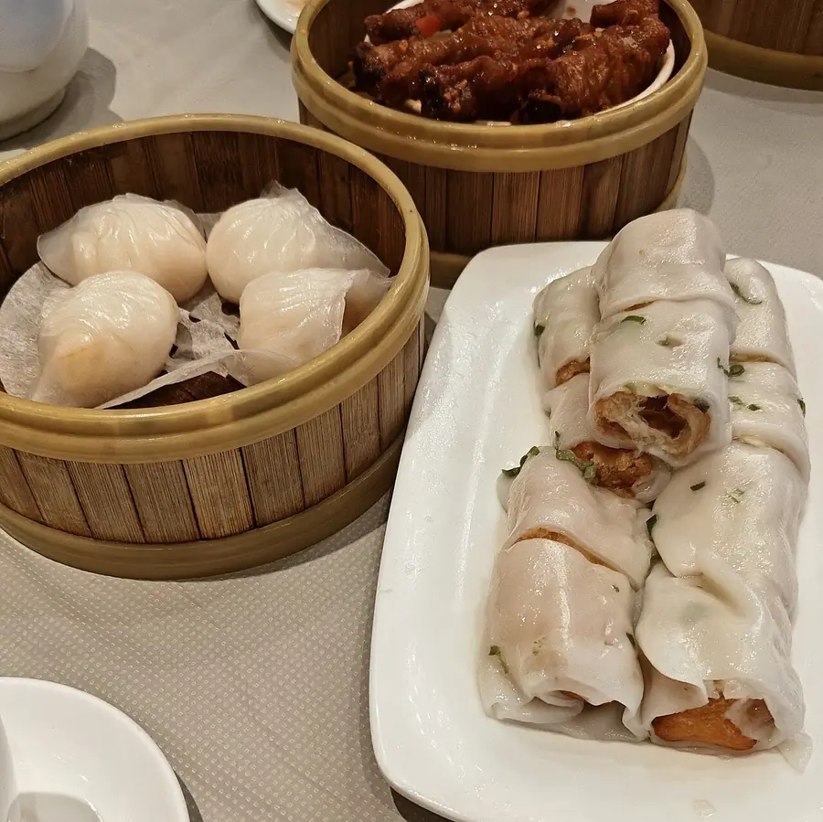 Steamed dumplings and rice rolls at dim sum