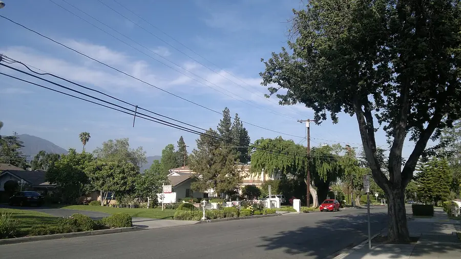 Quiet tree-lined residential street in Arcadia with mountains in the distance