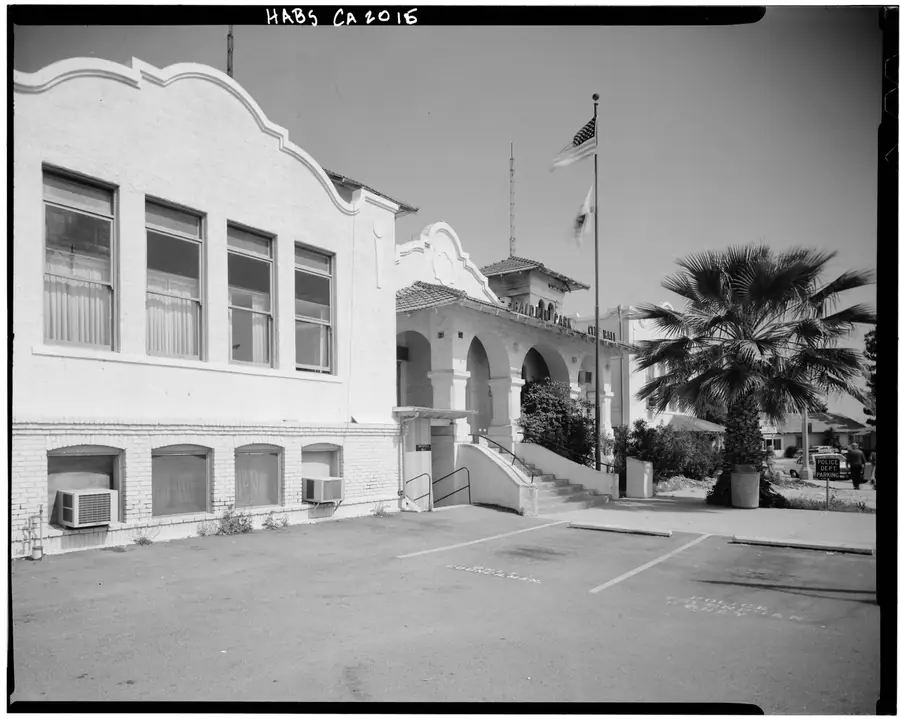 Black and white photo of a historic Spanish-style building in Baldwin Park