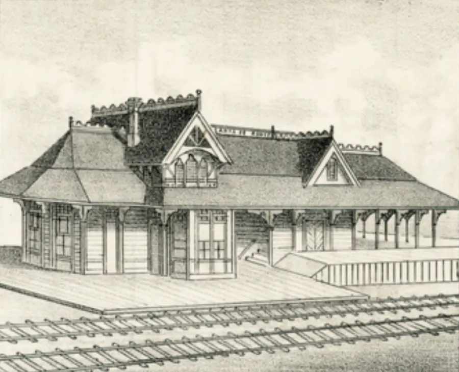 Old 1887 etching of the wooden Glendora railroad station beside the tracks