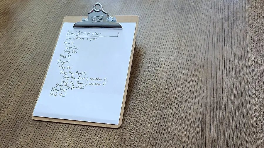 Clipboard with a list of steps on a table