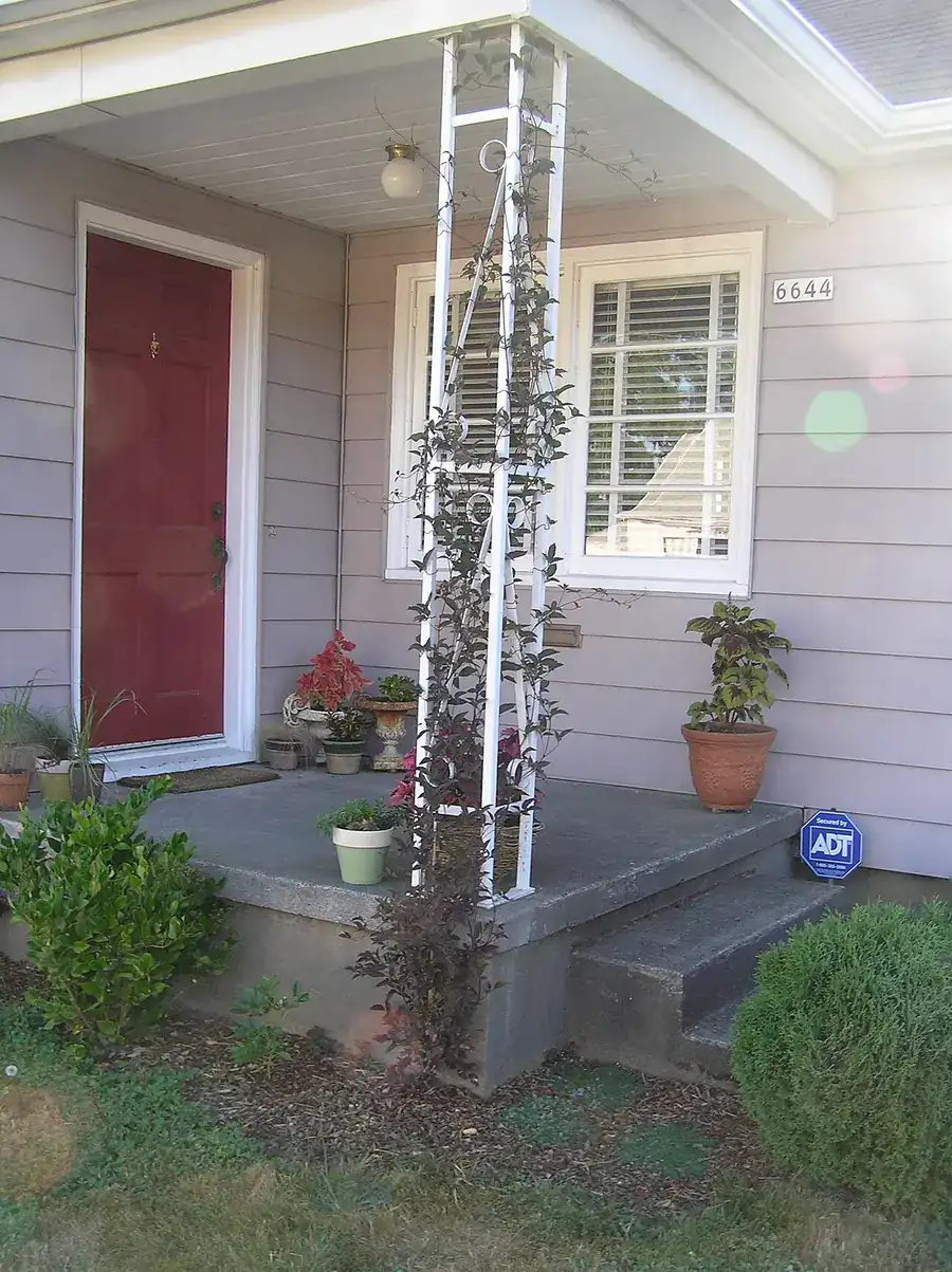 Red front door on a gray house with porch steps and potted plants