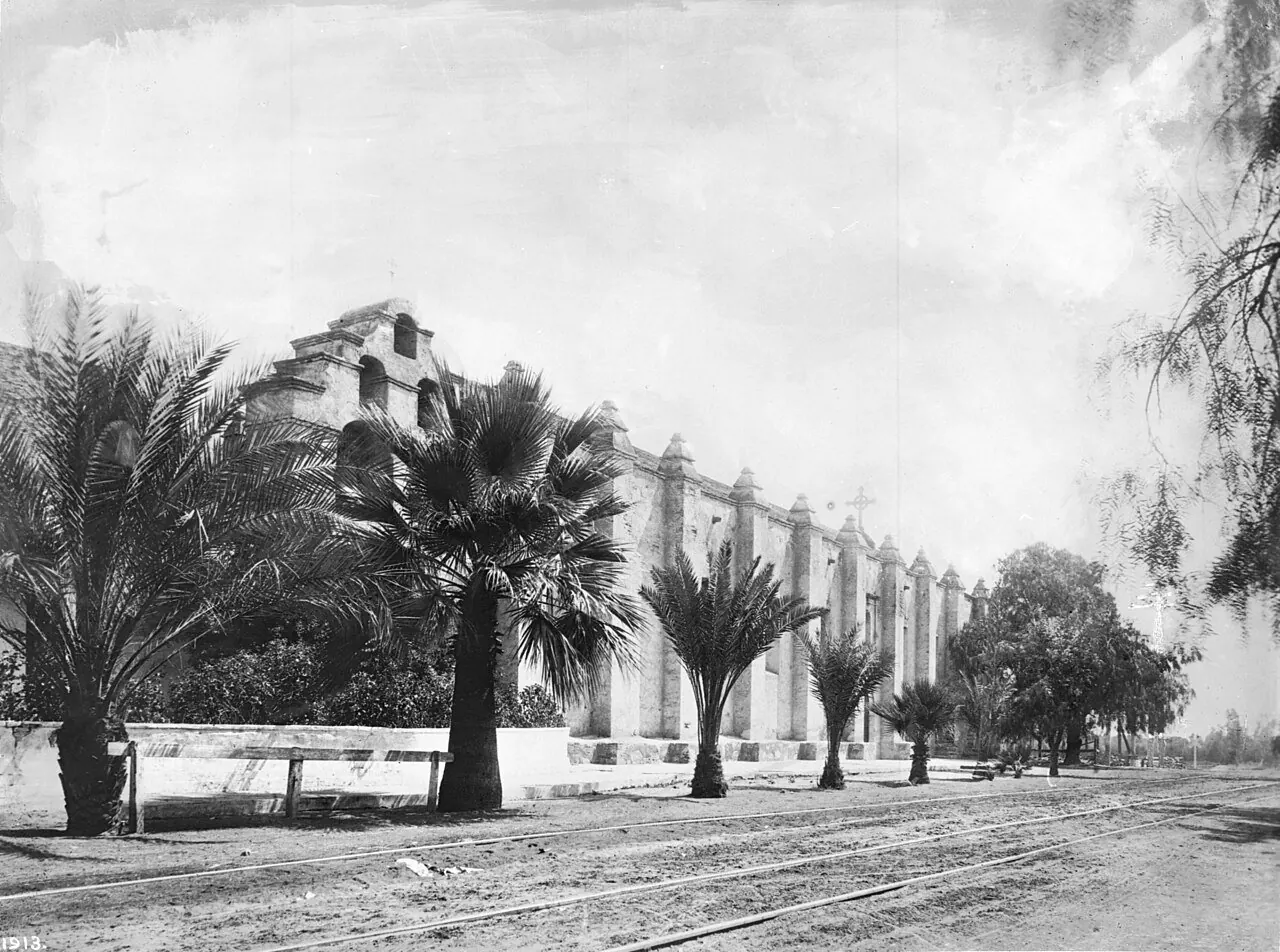 Old photo of the south front of Mission San Gabriel, about 1895 to 1905