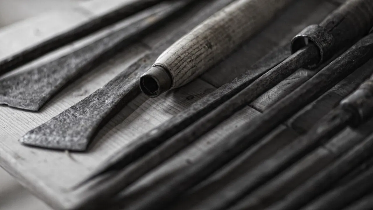 Row of old chisels and hand tools on a workbench